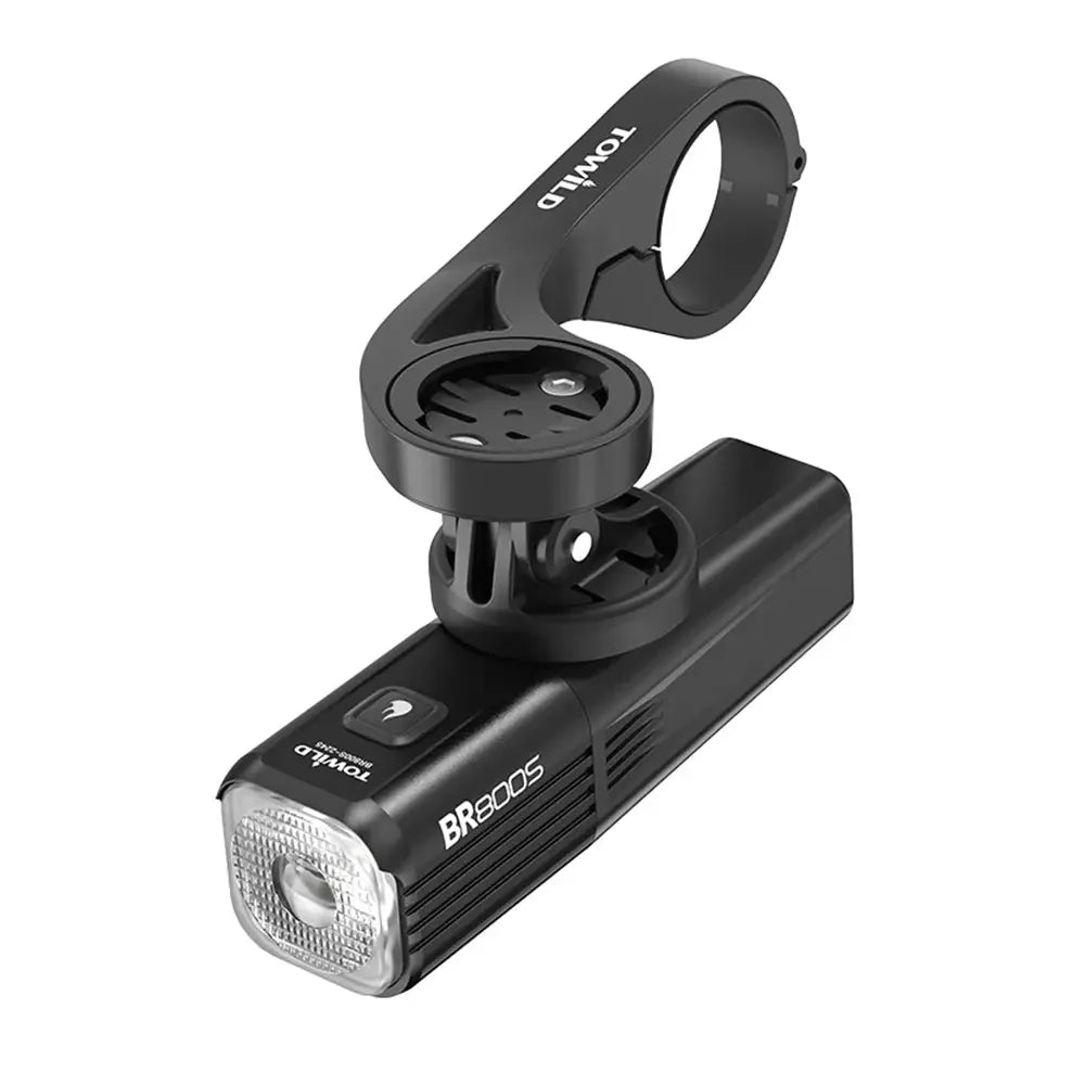 The TOWILD BR800s front bike light shown in an underslung position using the included GoPro mount and a computer extension bracket.