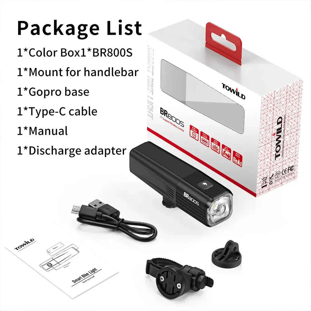 The full package contents of the TOWILD BR800s, including the light, replaceable 18650 battery, mounts, and cables.