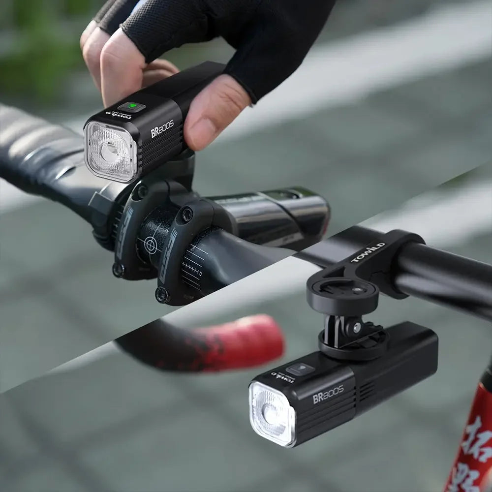 Comparison of the two mounting options for the TOWILD BR800s: top-mounted on the handlebar and underslung with a GoPro adapter.