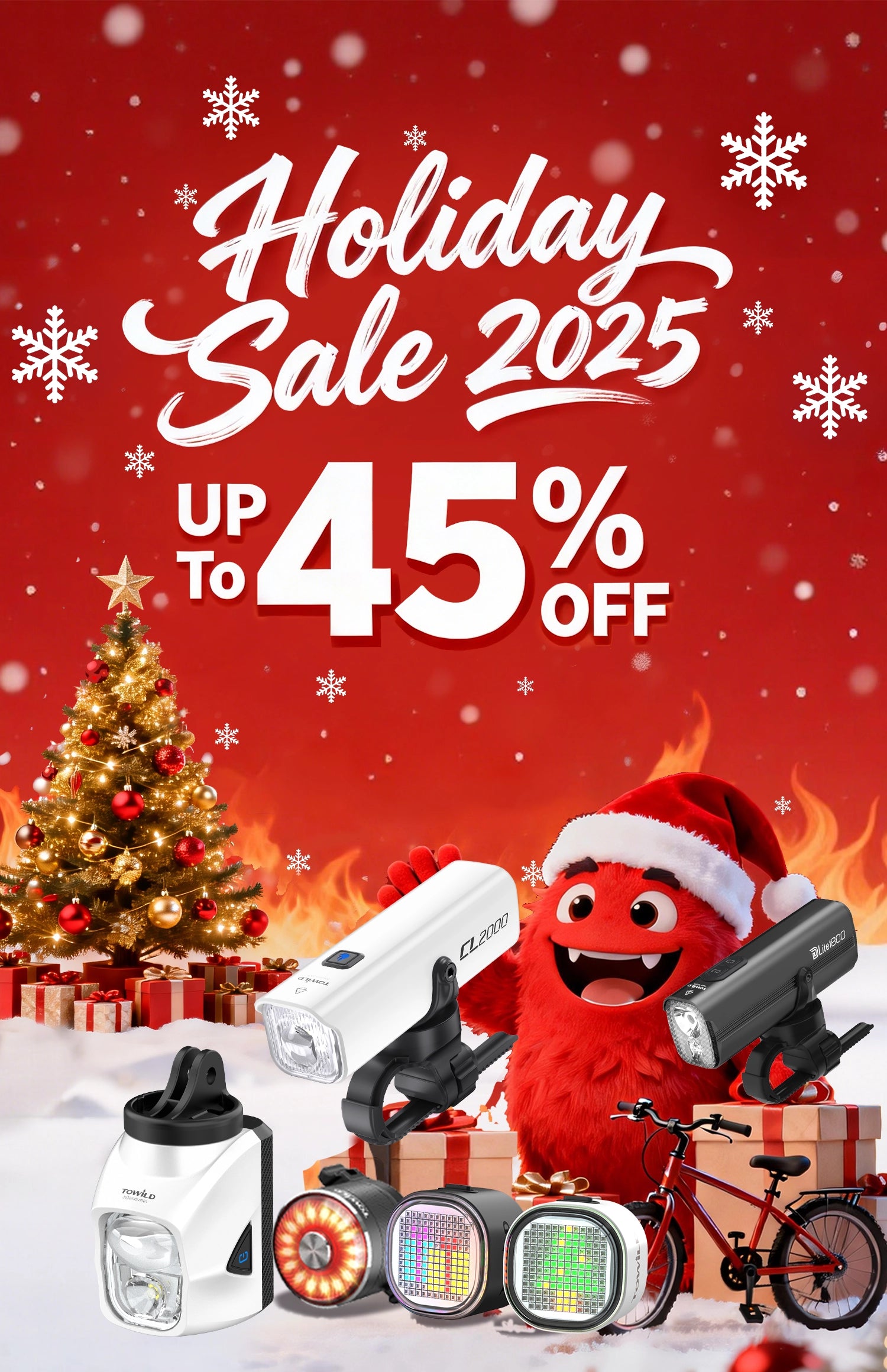 Vertical mobile banner for Towild 2025 Christmas Sale. Exclusive 45% discount on smart cycling lights including White CL2000 and DL series. Best holiday gifts for cyclists.