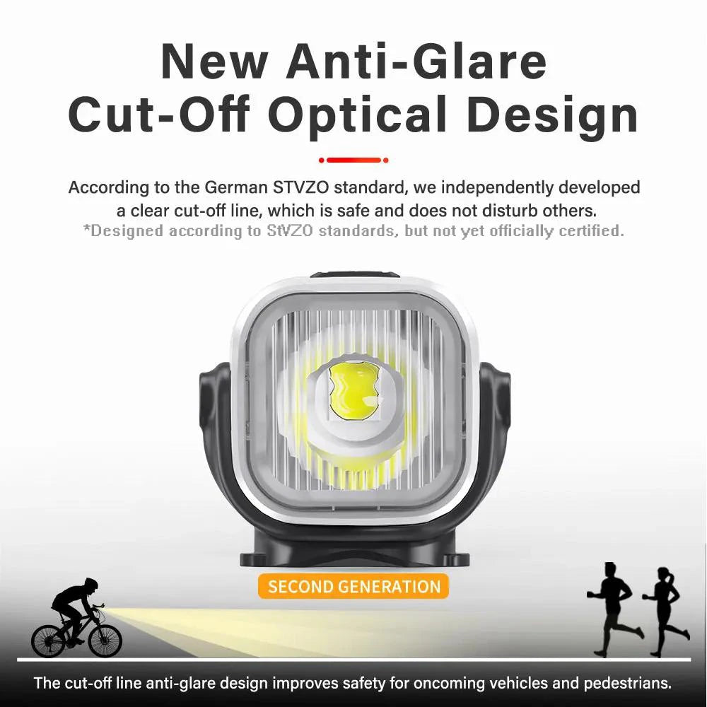 A diagram explaining the Towild CLSeries Bike Light anti-glare cut-off beam, which is designed according to German StVZO standards to create a safe beam that doesn't blind oncoming traffic.