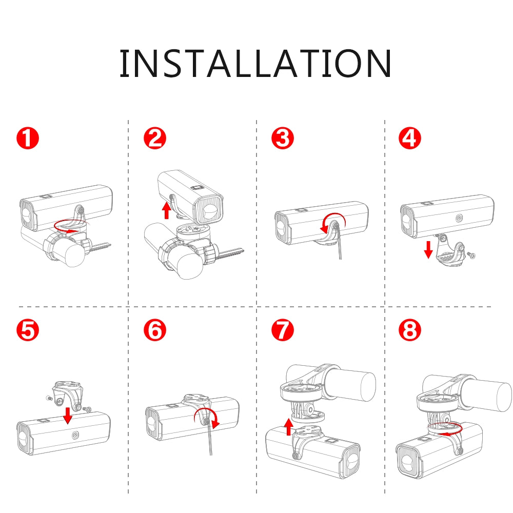 Step-by-step installation diagram for Towild CL Series smart bike lights. Shows steps 1-3 for standard handlebar mounting and steps 4-8 for under-mount installation using the GoPro adapter on a Garmin out-front mount.