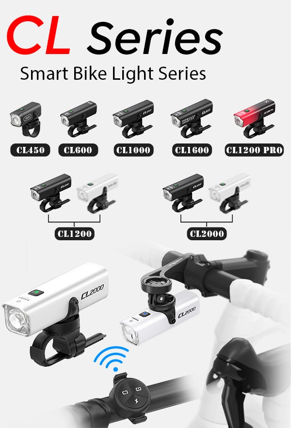 The complete TOWILD CL Series lineup of smart bike lights, covering models from the 450-lumen CL450 for commuting to the powerful 2000-lumen CL2000. The image showcases the universal wireless remote control and versatile mounting options, including under-computer GoPro mounting for a clean and professional cockpit.