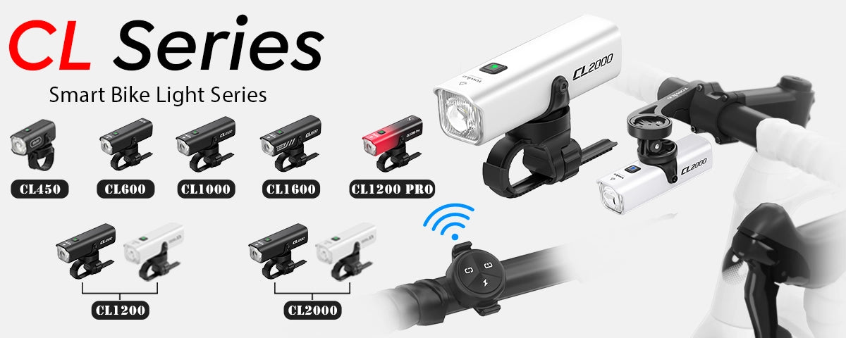 The complete TOWILD CL Series lineup of smart bike lights, covering models from the 450-lumen CL450 for commuting to the powerful 2000-lumen CL2000. The image showcases the universal wireless remote control and versatile mounting options, including under-computer GoPro mounting for a clean and professional cockpit.
