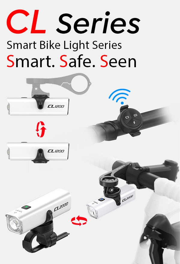Vertical poster for Towild CL Series smart bike lights. Demonstrates the reversible mounting system of CL1200 and CL2000 for under-mount installation, paired with ALC-01 wireless remote control.