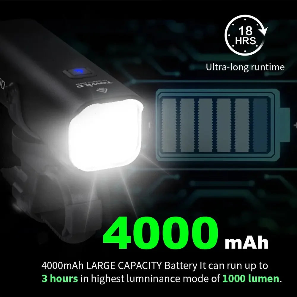 An infographic highlighting the TOWILD CL1000's large 4000mAh battery, providing up to 18 hours of runtime.