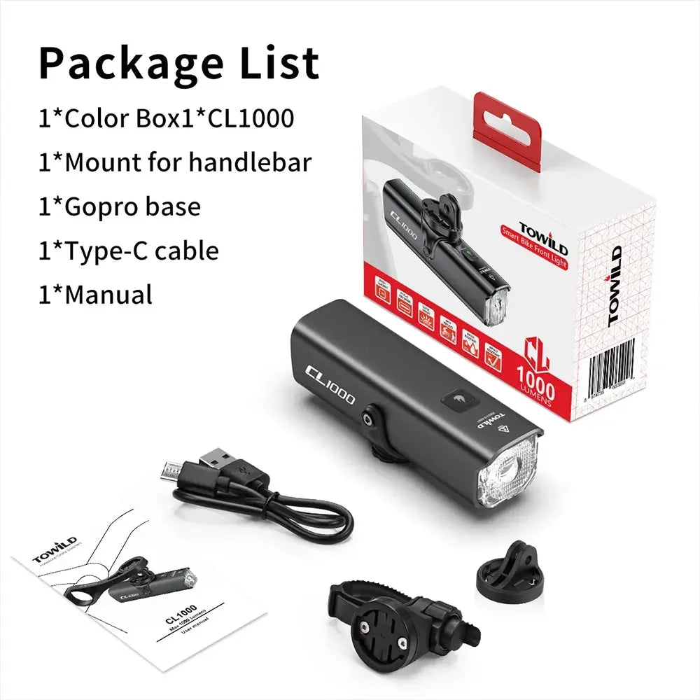 The complete package contents for the TOWILD CL1000 bike light, including the unit, handlebar mount, GoPro base, and Type-C cable.