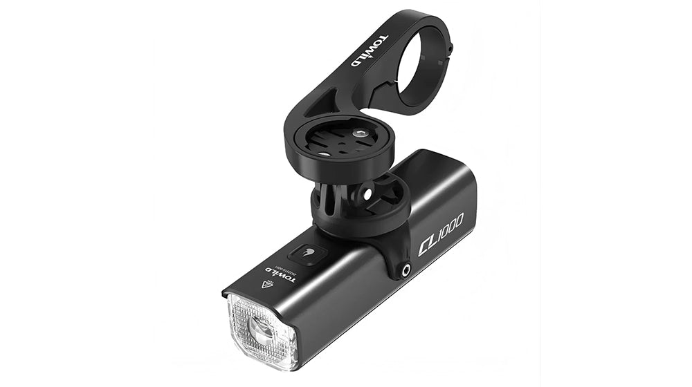 TOWILD CL1000 anti-glare bike light seamlessly under-mounted using a GoPro adapter beneath an out-front bike computer mount.