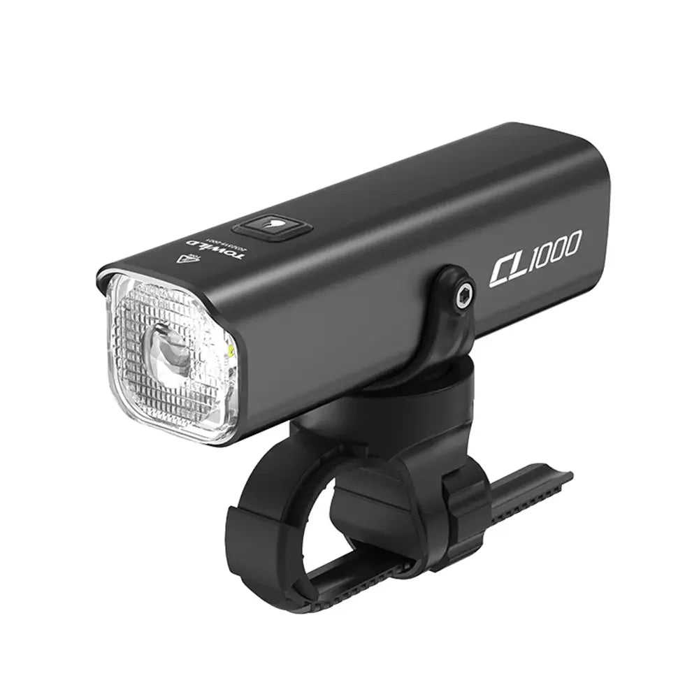 The TOWILD CL1000 1000 lumen smart front bike light with its standard quick-release handlebar mount.