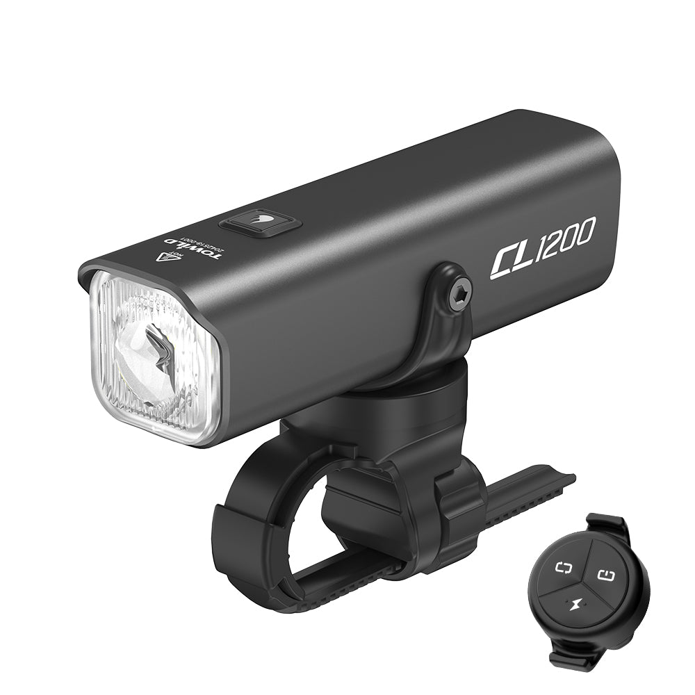 The stylish black TOWILD CL1200 smart light, shown with its optional wireless remote that allows for safe, convenient control of all modes, including the 1500lm turbo.