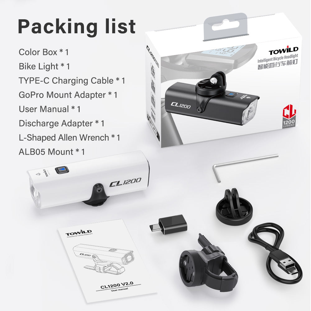 The complete packing list for the TOWILD CL1200, showing the box, the white light, handlebar mount (ALB05), GoPro adapter, Type-C cable, discharge adapter, wrench, and manual.