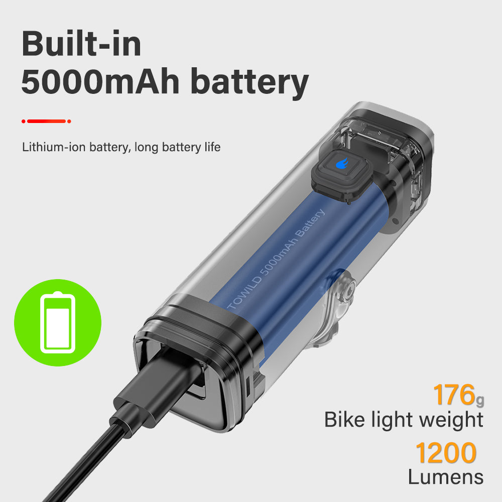 A cutaway view of the TOWILD CL1200 bike light revealing its built-in 5000mAh lithium-ion battery, with text indicating its 176g weight and 1200 lumens brightness.