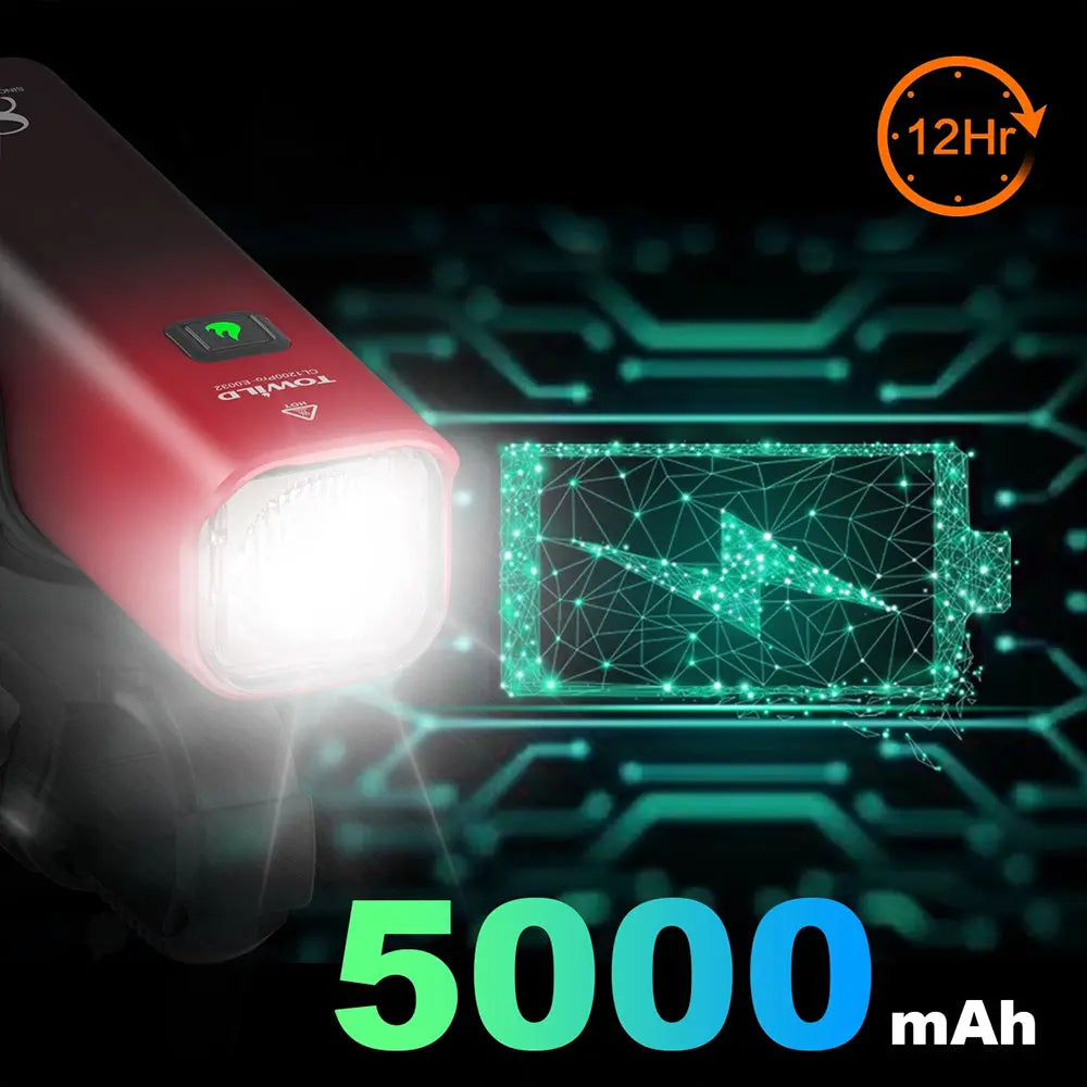 An infographic showcasing the powerful 5000mAh battery of the TOWILD CL1200 Pro, providing up to 12 hours of runtime.