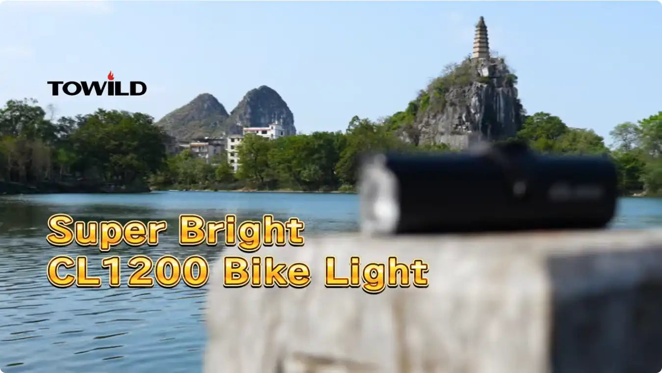 Video thumbnail for Towild CL1200 Super Bright Bike Light. Shows the 1200-lumen high-performance smart headlight in an outdoor scenic setting, demonstrating its powerful beam for road cycling adventures.