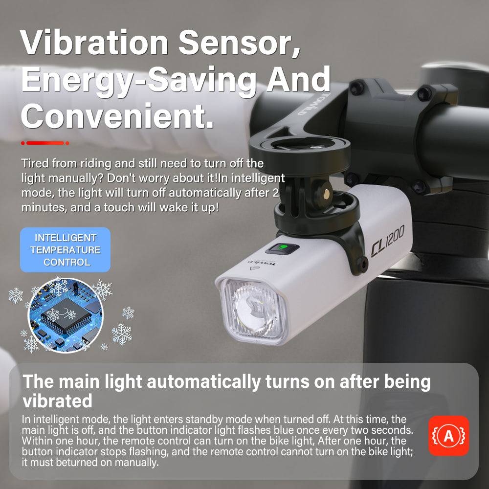 An infographic showcasing the TOWILD CL1200 smart features, including the vibration sensor for energy-saving auto on/off and the intelligent temperature control chip.
