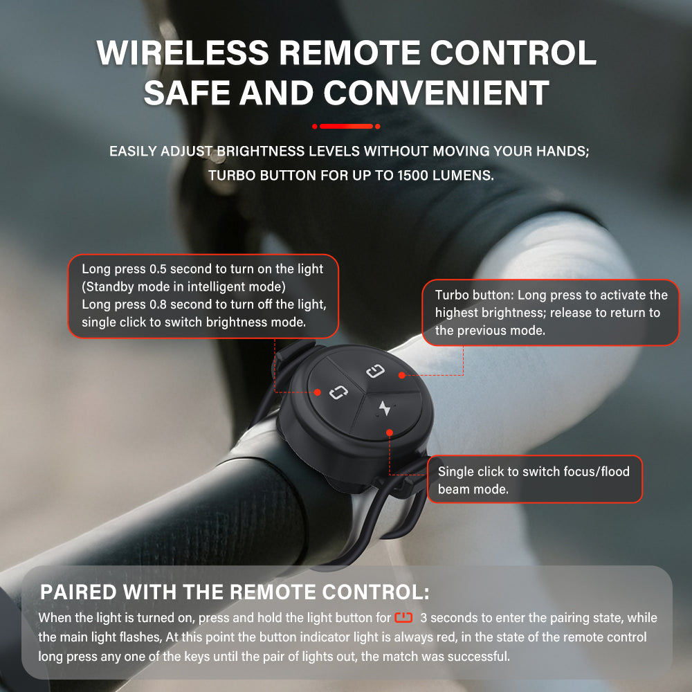 An infographic explaining the functions of the wireless remote for the TOWILD CL1200, detailing how to turn the light on/off, switch modes, and activate the 1500-lumen turbo button.