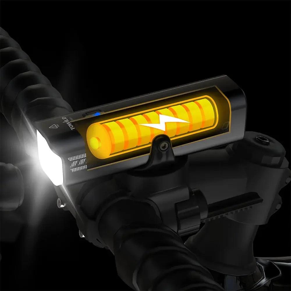 An animated cutaway view of the TOWILD CL1600 bike light, showing the large 5000mAh battery inside, symbolizing its long runtime and power bank capabilities.