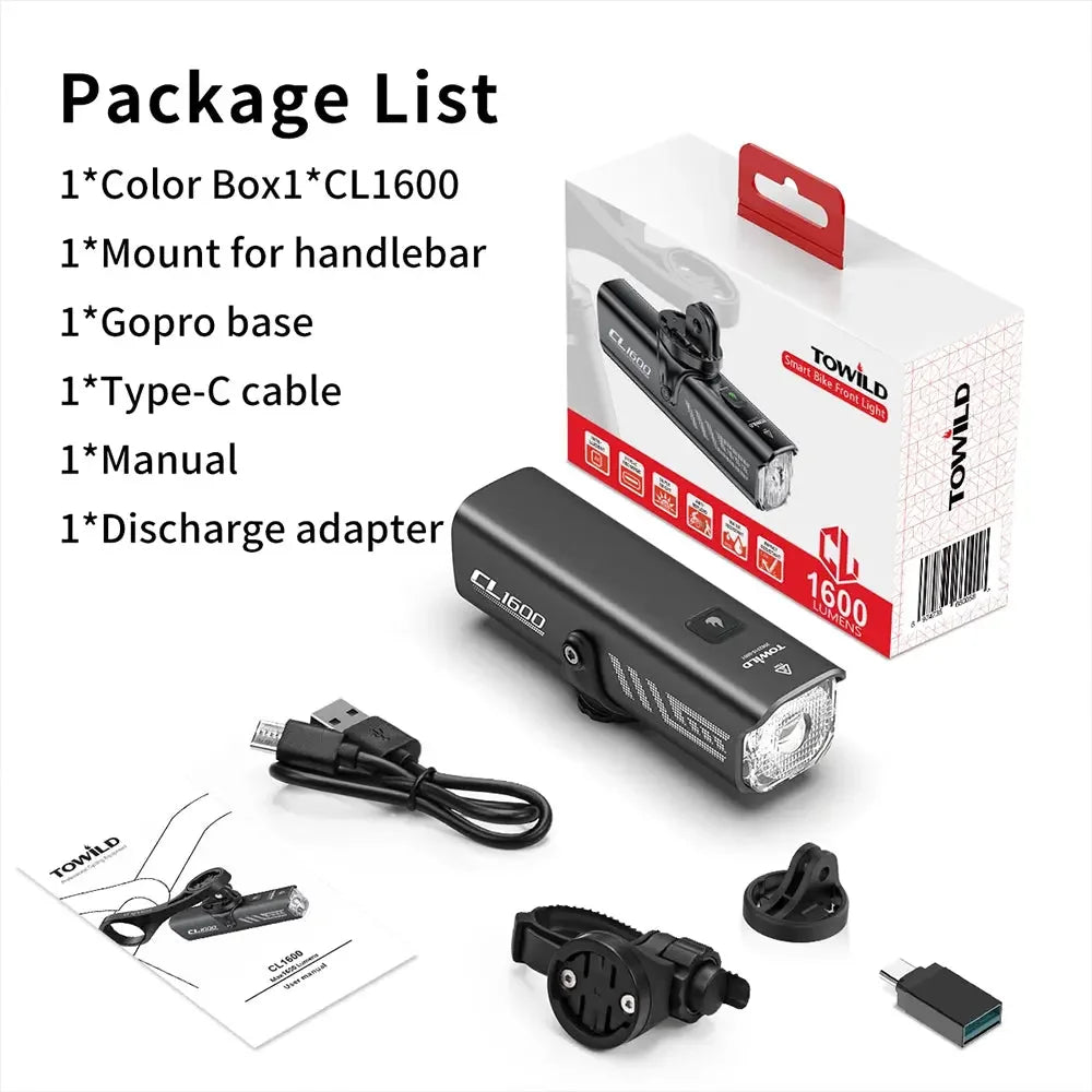 The complete package list for the TOWILD CL1600, showing the retail box, light, handlebar mount, GoPro base, Type-C cable, manual, and the discharge adapter for the power bank feature.