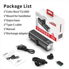 The complete package list for the TOWILD CL1600, showing the retail box, light, handlebar mount, GoPro base, Type-C cable, manual, and the discharge adapter for the power bank feature.