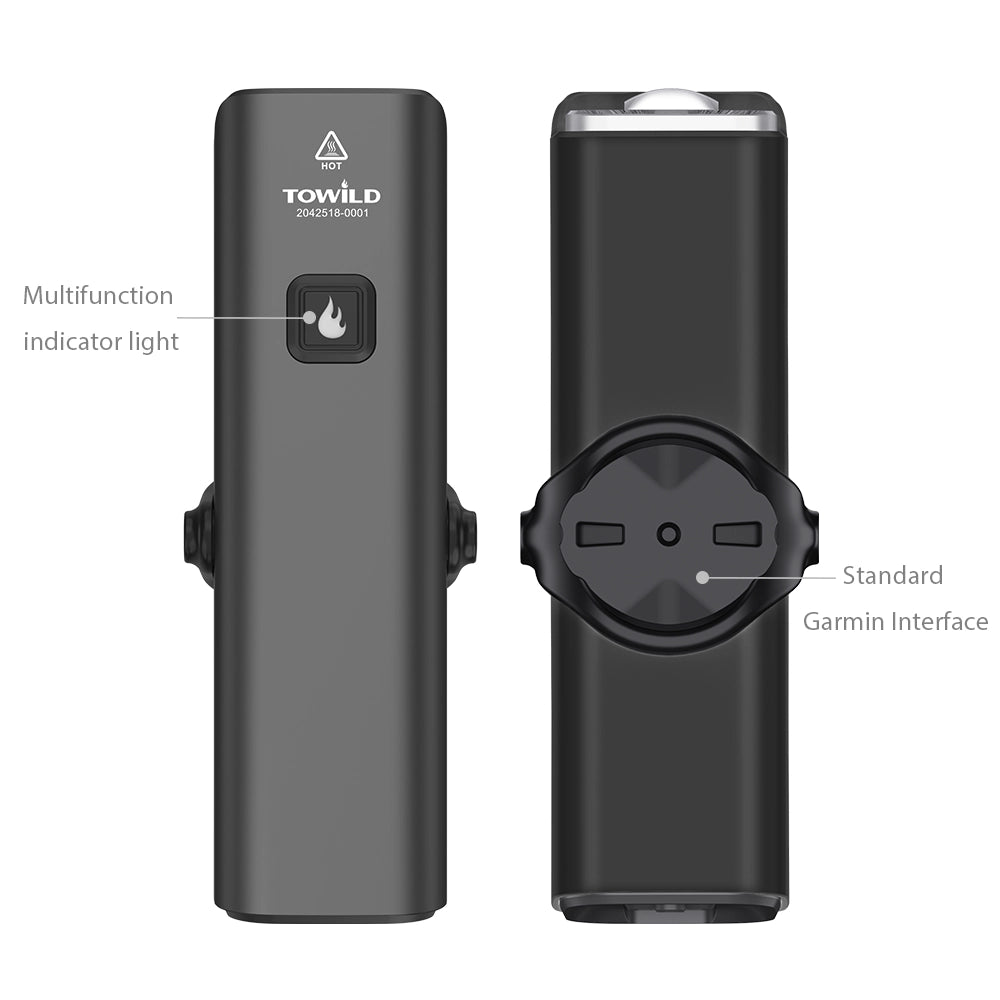 Top and bottom view of Towild CL1600 black edition. Features a multifunction smart indicator button and a standard Garmin quarter-turn interface for universal compatibility.