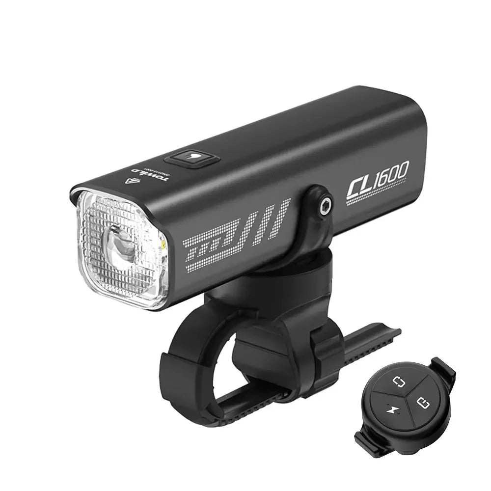 The TOWILD CL1600 smart bike light displayed as a complete system with its included wireless remote controller for convenient operation.