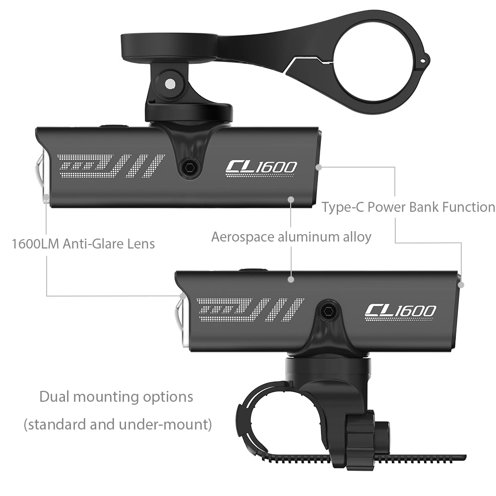 Detailed feature diagram of Towild CL1600. Highlights key specs: 1600LM anti-glare lens, aerospace aluminum body, Type-C power bank function, and dual mounting options for road bikes.