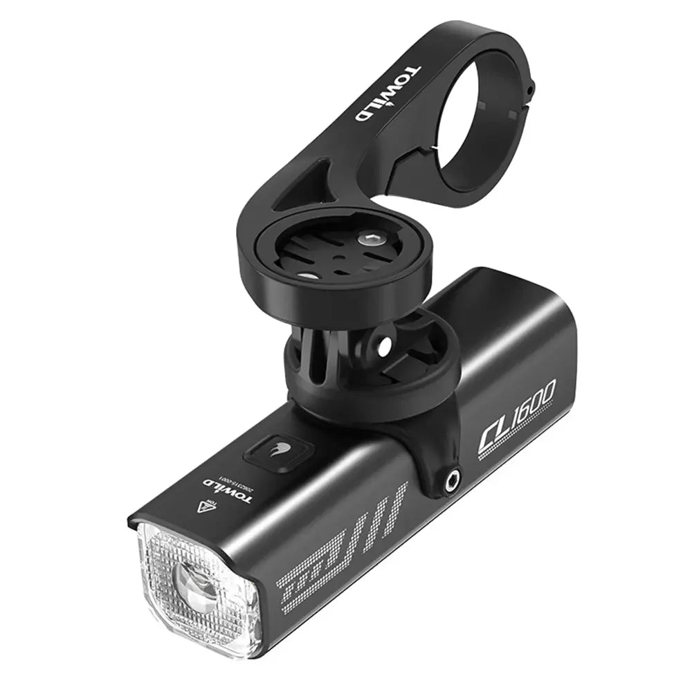 The TOWILD CL1600 bike light shown in an under-mounted position, attached to a TOWILD out-front bike computer mount for a clean and integrated handlebar setup.