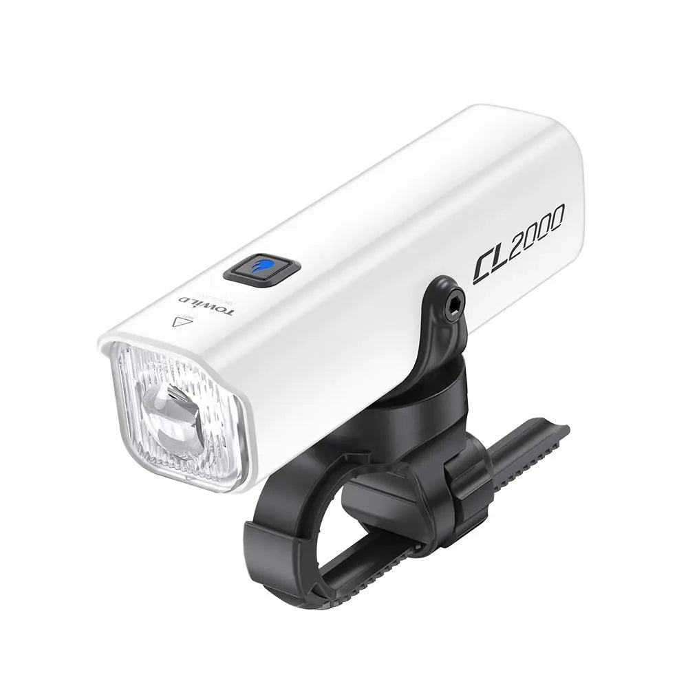 The white Towild CL2000 flagship smart bike light, shown attached to its durable handlebar mount.