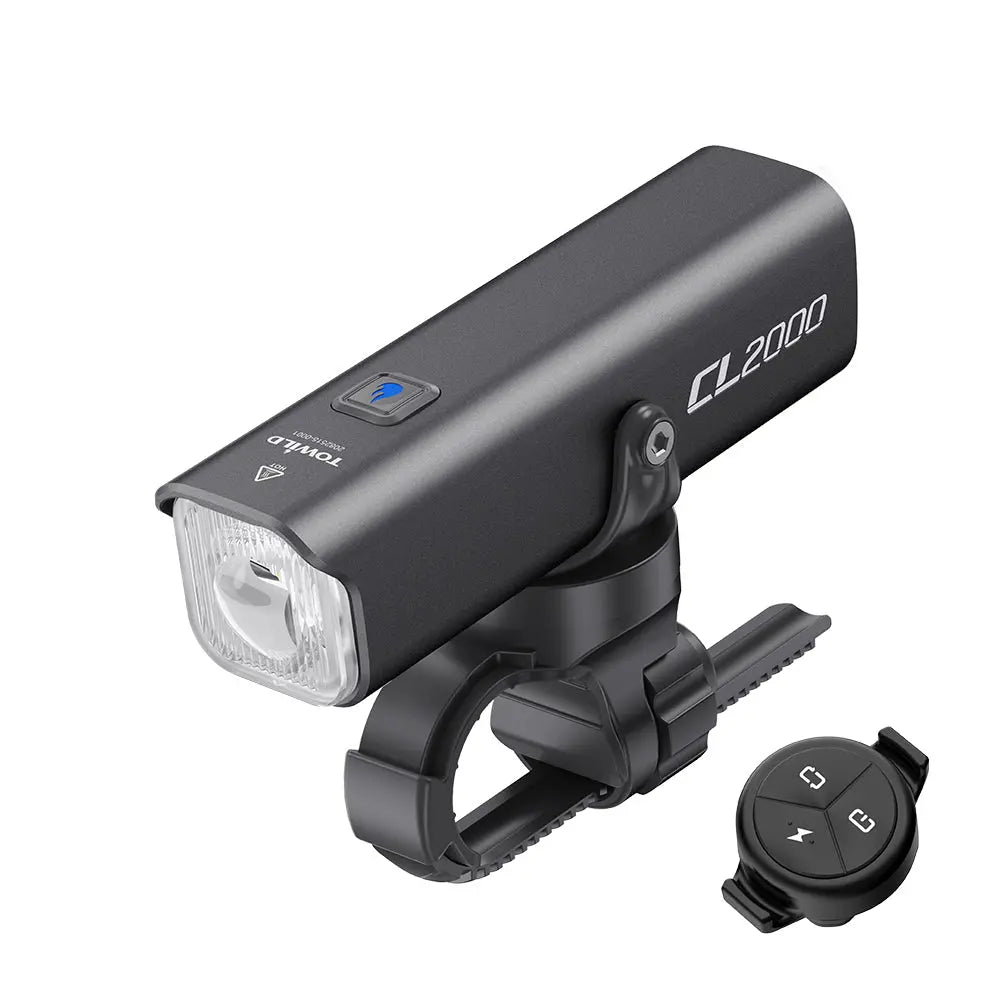 The black Towild CL2000 ALC flagship smart bike light, shown attached to its durable handlebar mount.