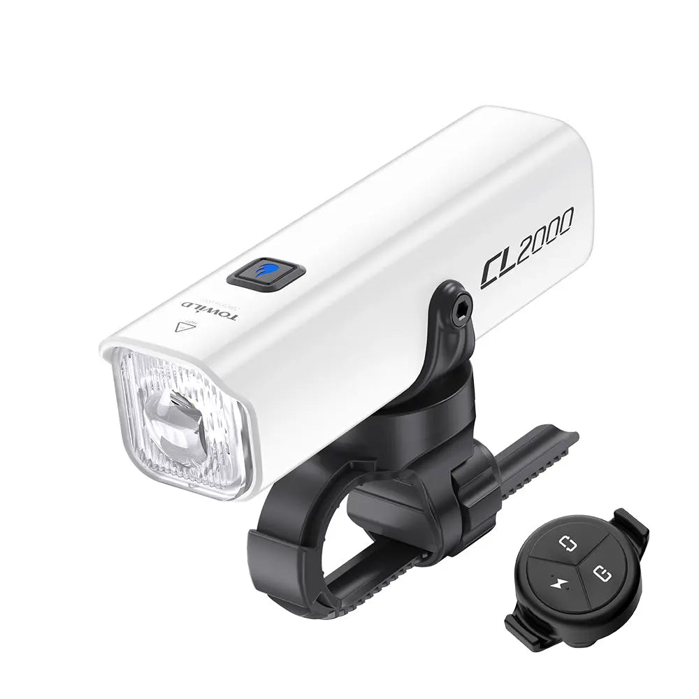 The white Towild CL2000 ALC flagship smart bike light, shown attached to its durable handlebar mount.