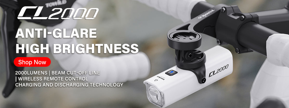 Homepage banner for the flagship TOWILD CL2000 smart bike light, featuring its 2000-lumen high brightness, anti-glare beam cut-off line, wireless remote, and power bank function.