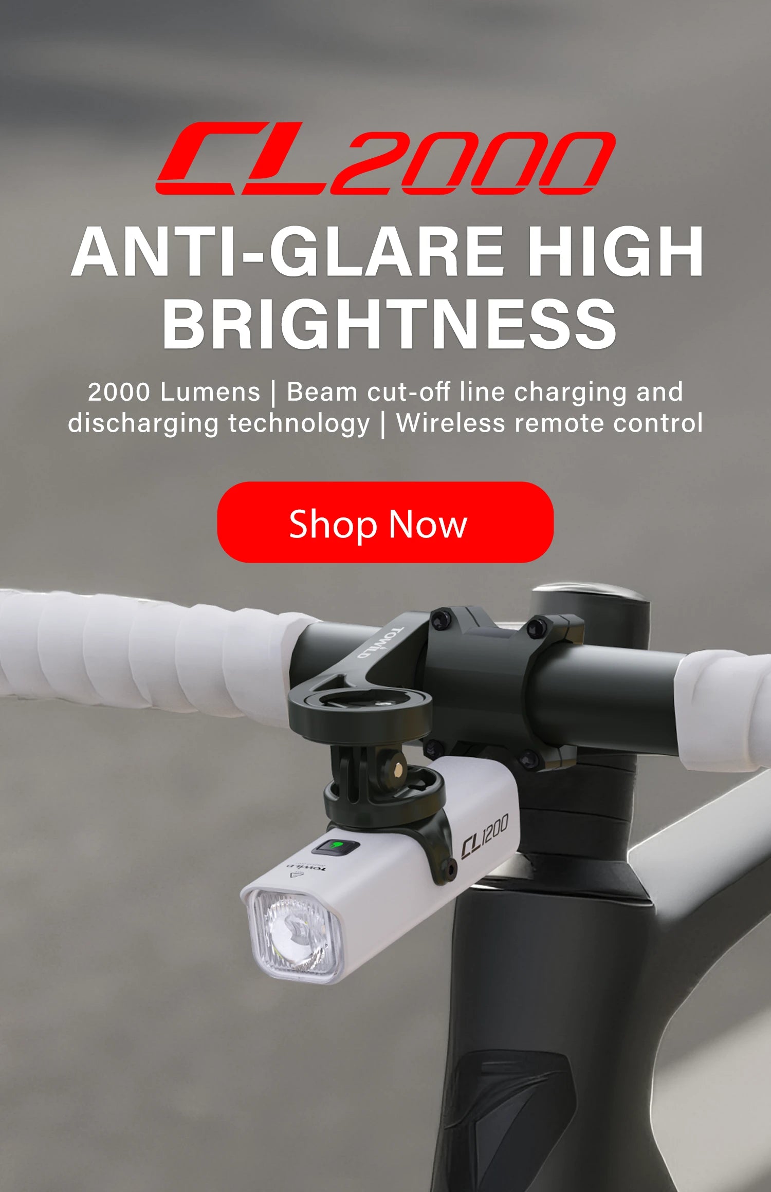 Towild CL2000 mobile banner featuring 2000 lumens high brightness and beam cut-off line technology. Best anti-glare bike light for safe city commuting.