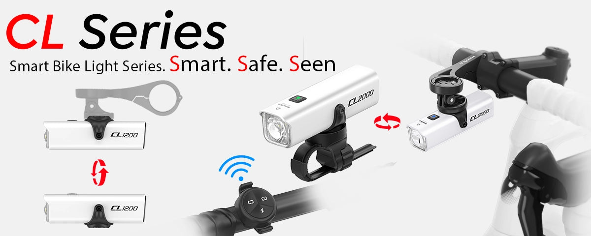 Towild CL Series smart bike light banner featuring CL2000 and CL1200. Highlights the versatile top-mount and under-mount options for Garmin computers, compatible with wireless remote.
