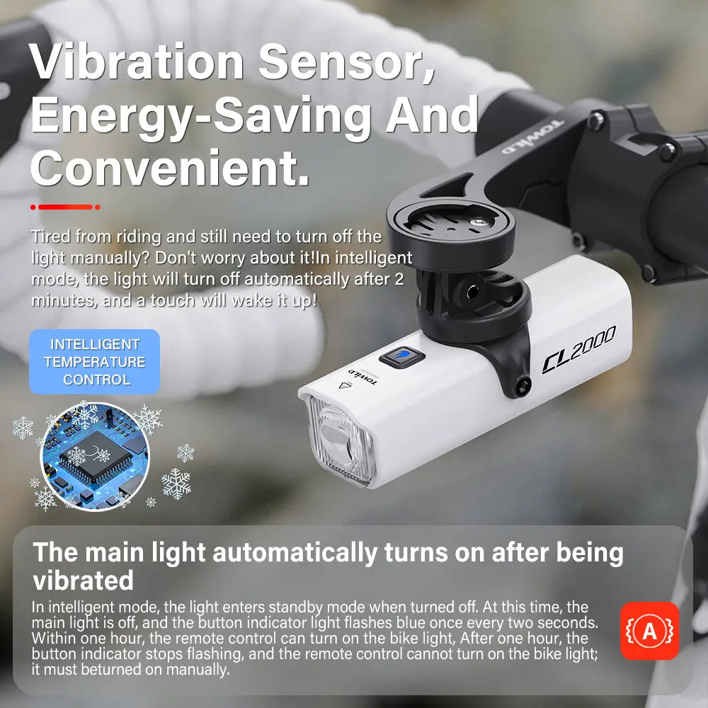 An infographic explaining the smart features of the Towild CL2000 flagship bike light, including the vibration sensor for automatic start/stop and the intelligent temperature control system.