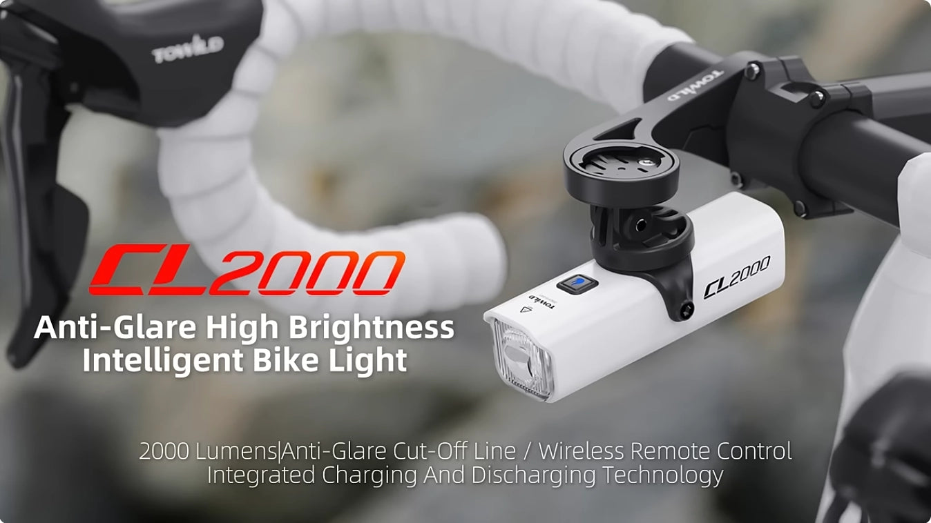 Video thumbnail for Towild CL2000 flagship smart bike light. Features a white CL2000 in an aerodynamic under-mount setup on a road bike, highlighting its 2000-lumen high brightness, anti-glare cut-off line, and intelligent vibration sensing technology.