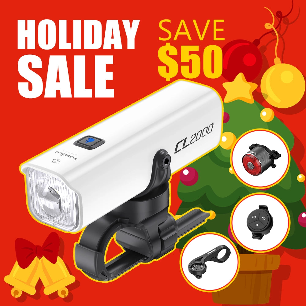 Towild CL2000 white 2000 lumens high brightness smart bike light holiday offer. Save $50 on full kit with vibration sensor.