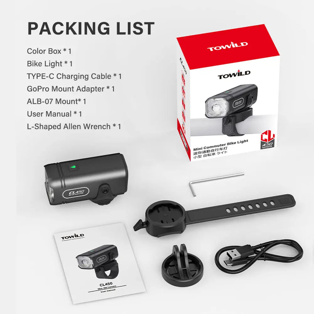 The complete packing list for the TOWILD CL450 bike light, showing the color box, the light itself, a USB-C cable, a user manual, an Allen wrench, the ALB-07 handlebar mount, and a GoPro mount adapter.