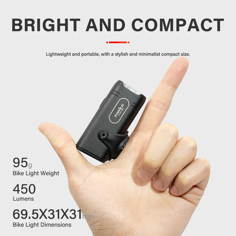 Promotional image showing the TOWILD CL450 bike light held in a person's palm to highlight its compact size. Text indicates it is a bright, 95g lightweight light with 450 lumens.