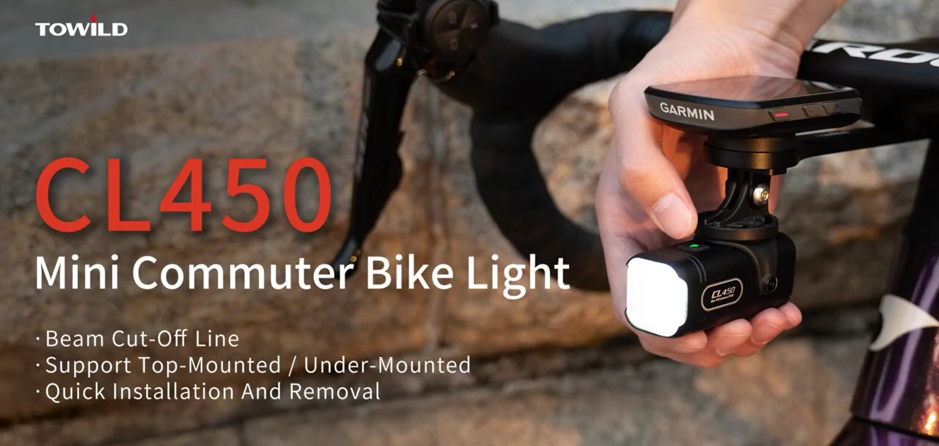 Close-up of installing Towild CL450 Mini Commuter Bike Light underneath a Garmin computer mount. Highlights the beam cut-off line technology and quick-release design for a clean road bike cockpit.