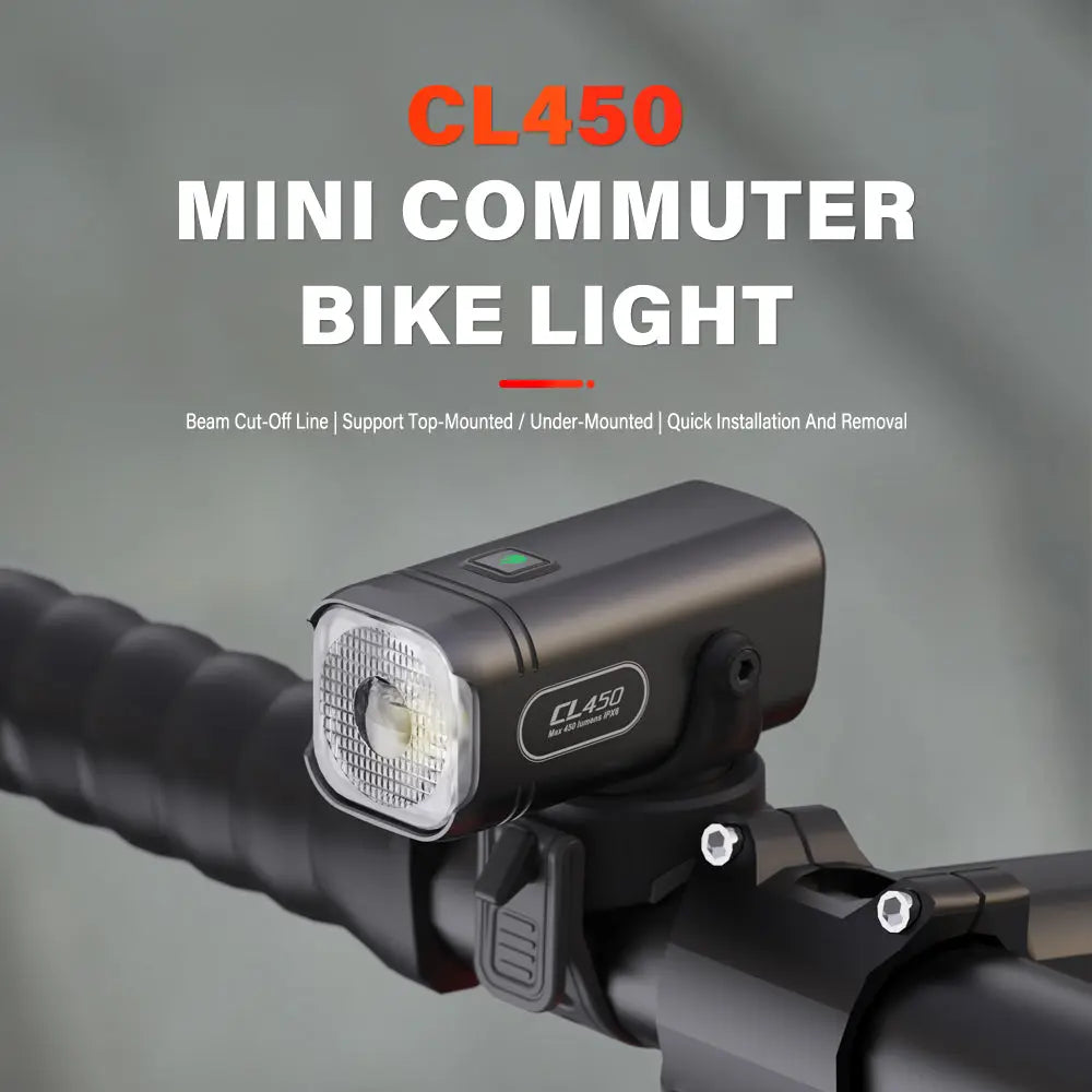 Promotional banner for the TOWILD CL450 Mini Commuter Bike Light, shown mounted on a handlebar and highlighting its beam cut-off line and versatile top or under-mounted installation.