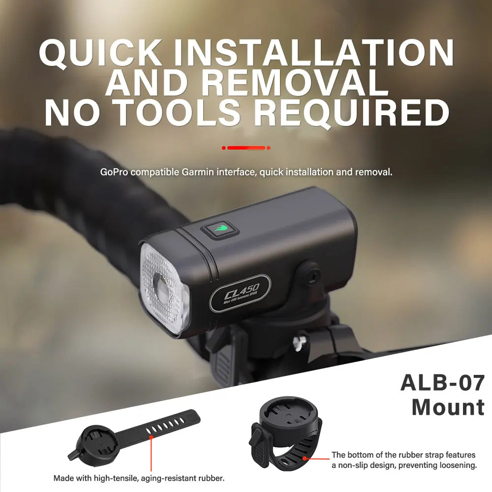 Promotional image highlighting the quick, tool-free installation of the TOWILD CL450 bike light, featuring its included ALB-07 mount which has a Garmin and GoPro compatible interface.