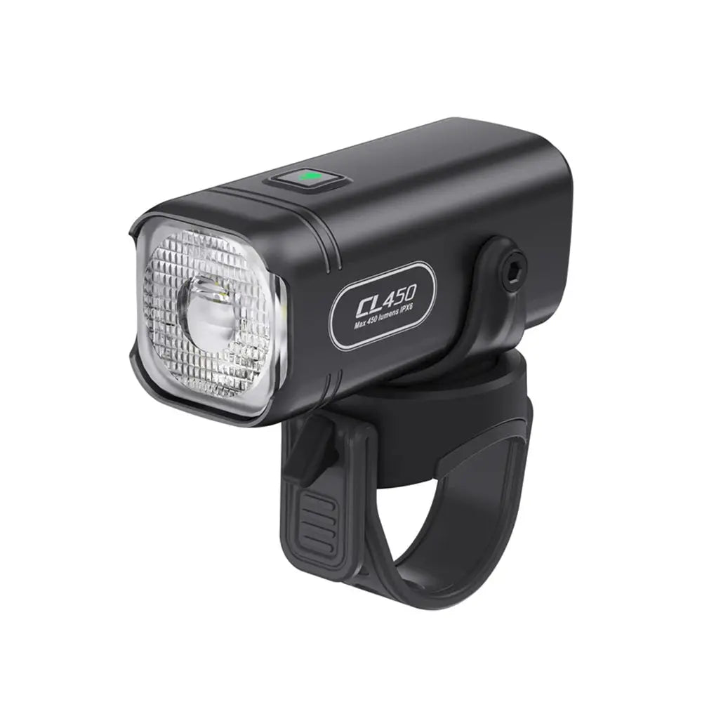 A three-quarters view of the black TOWILD CL450 smart bike light, showing its anti-glare lens and the included silicone handlebar mounting strap.