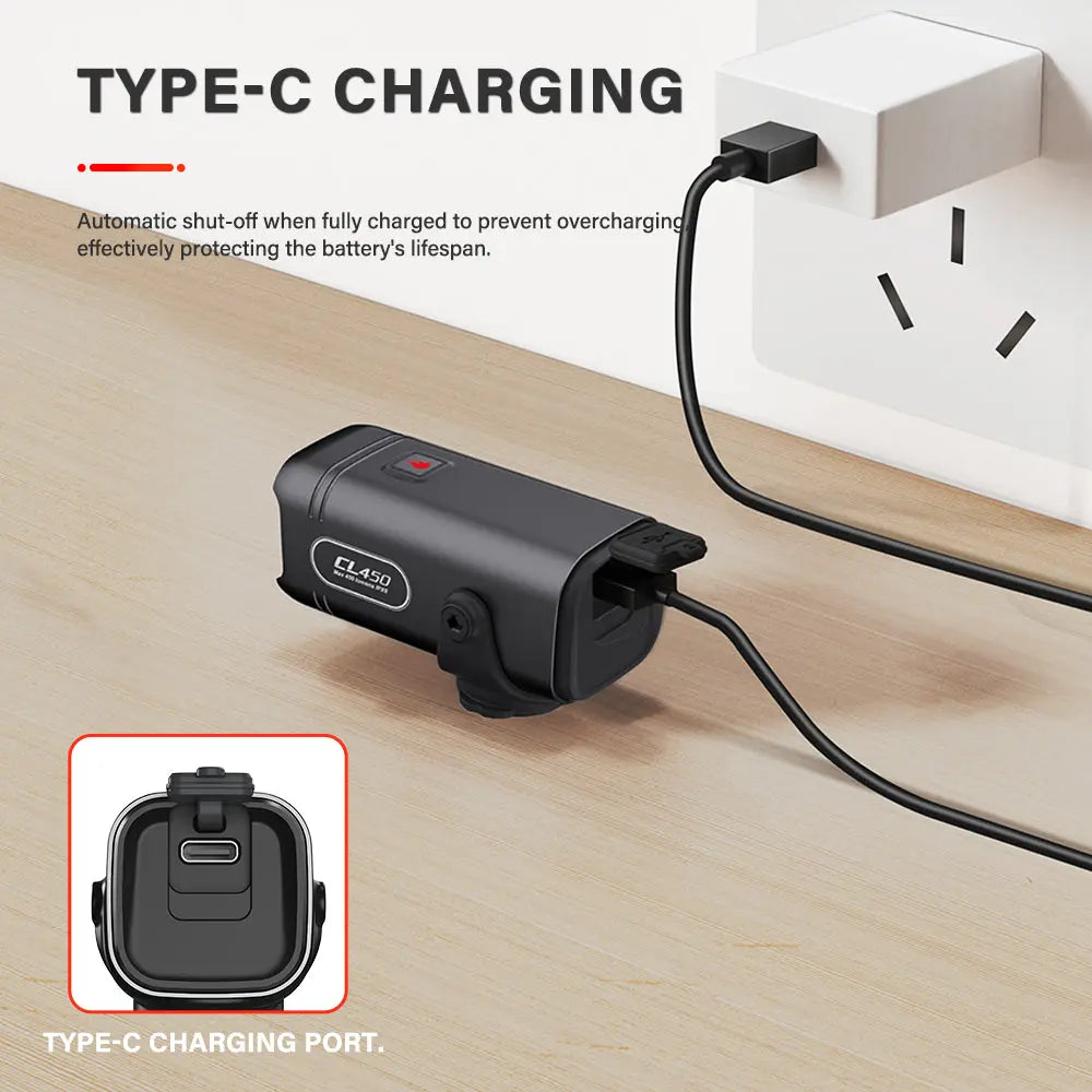 Promotional image demonstrating the Type-C charging of the TOWILD CL450 bike light, with a close-up of the port and text explaining its automatic overcharge protection.