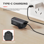 Promotional image demonstrating the Type-C charging of the TOWILD CL450 bike light, with a close-up of the port and text explaining its automatic overcharge protection.