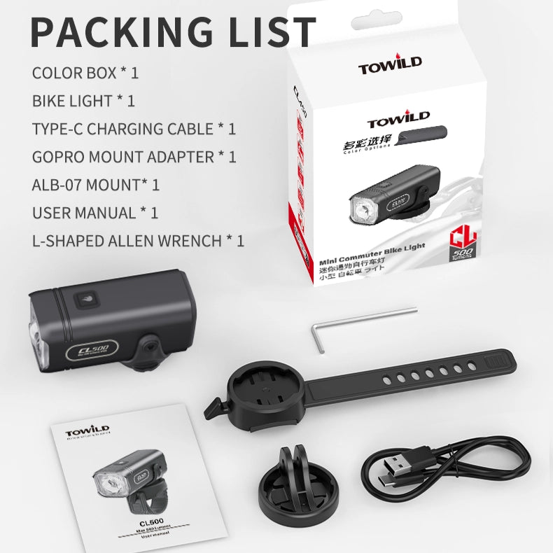 Towild CL500 500-lumen bike light with ALB-07 mount, GoPro adapter, USB-C cable and user manual