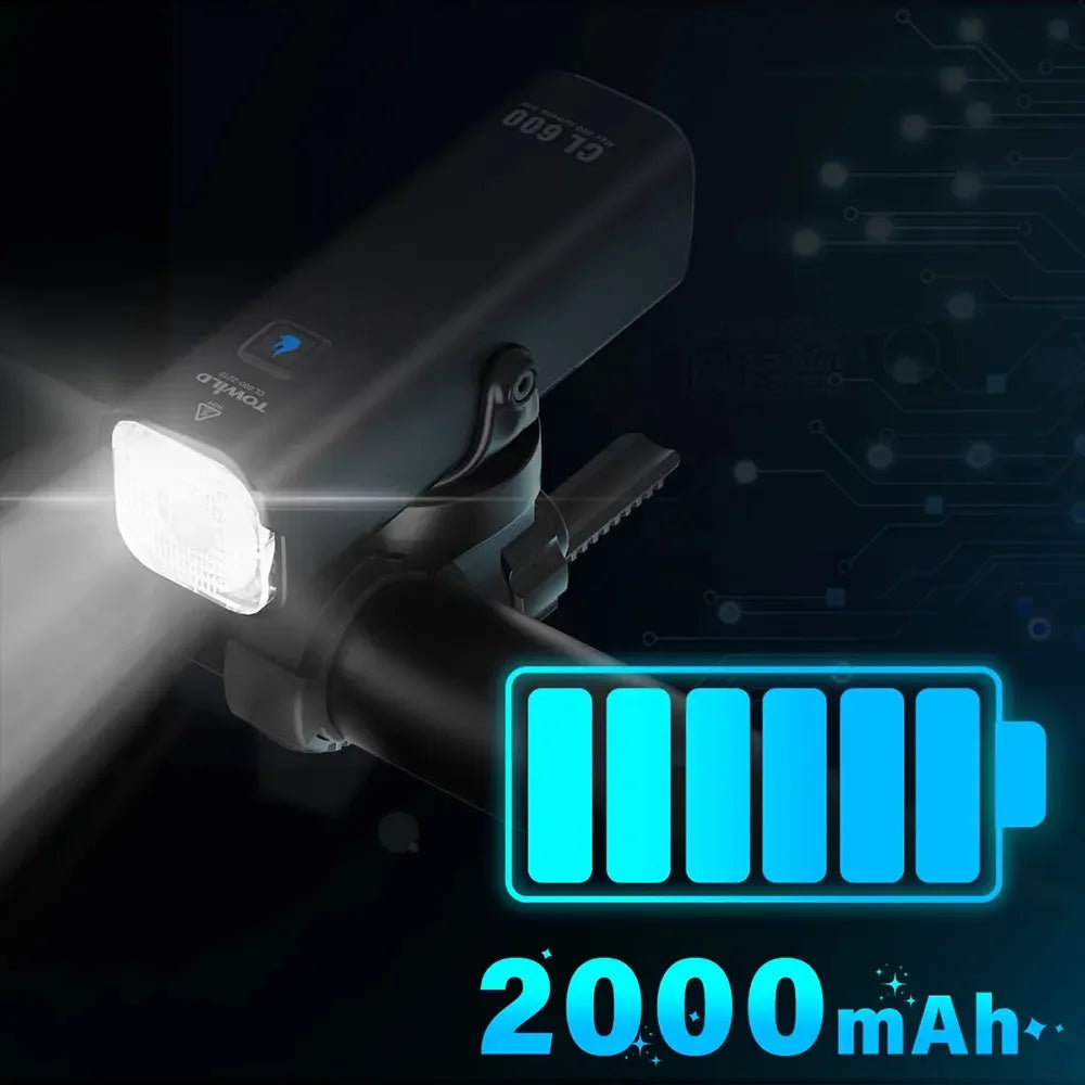 An illustration showing the TOWILD CL600 bike light's reliable 2600mAh battery, providing long life for daily commuting and urban rides.