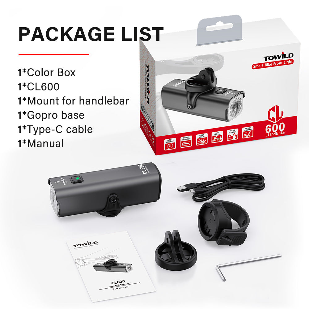 The complete package list for the TOWILD CL600, showing the retail box, light, handlebar mount, GoPro base, Type-C cable, wrench, and user manual.