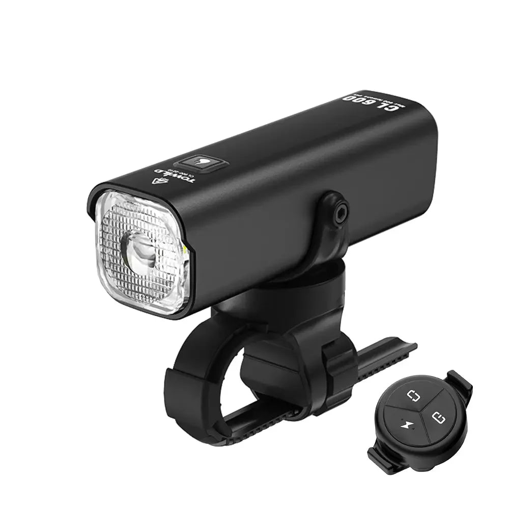 The TOWILD CL600 smart bike light displayed with the compatible ALC-01 wireless remote controller, showcasing its convenient remote-ready capabilities.