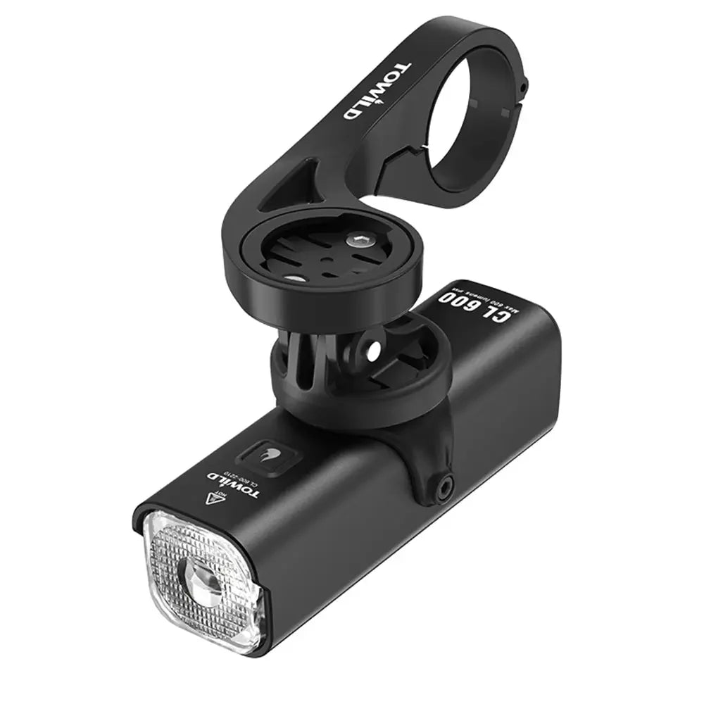 The TOWILD CL600 bike light shown under-mounted on a TOWILD out-front computer mount, demonstrating its GoPro compatibility for a clean, integrated look.