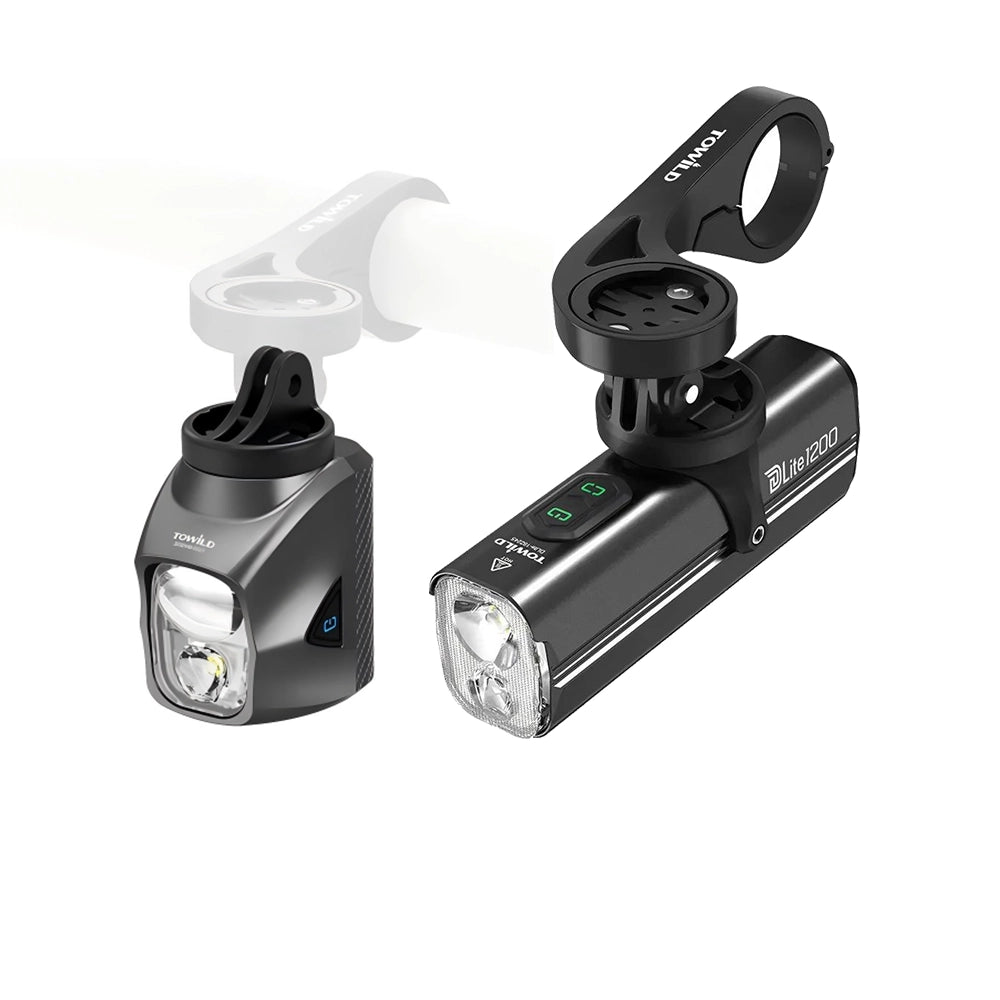 The TOWILD DL series dual-beam bike lights, showcasing their distinct focus and flood beam lenses and integrated GoPro mount for a professional, clean setup below a bike computer.